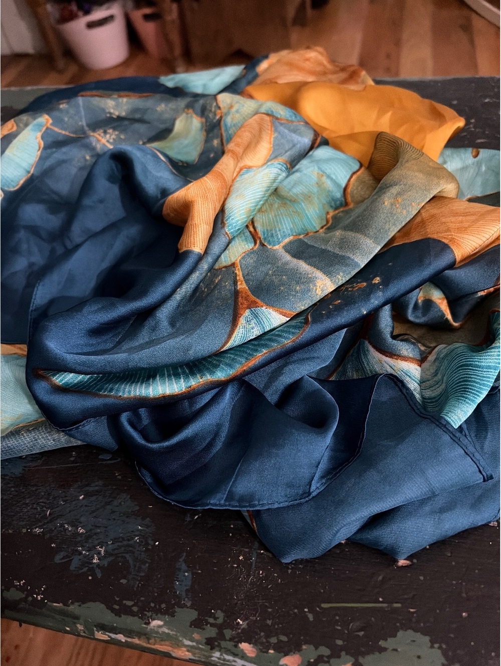 Elegant 100% Silk Floral Shawl Wrap in Blue and Browns
